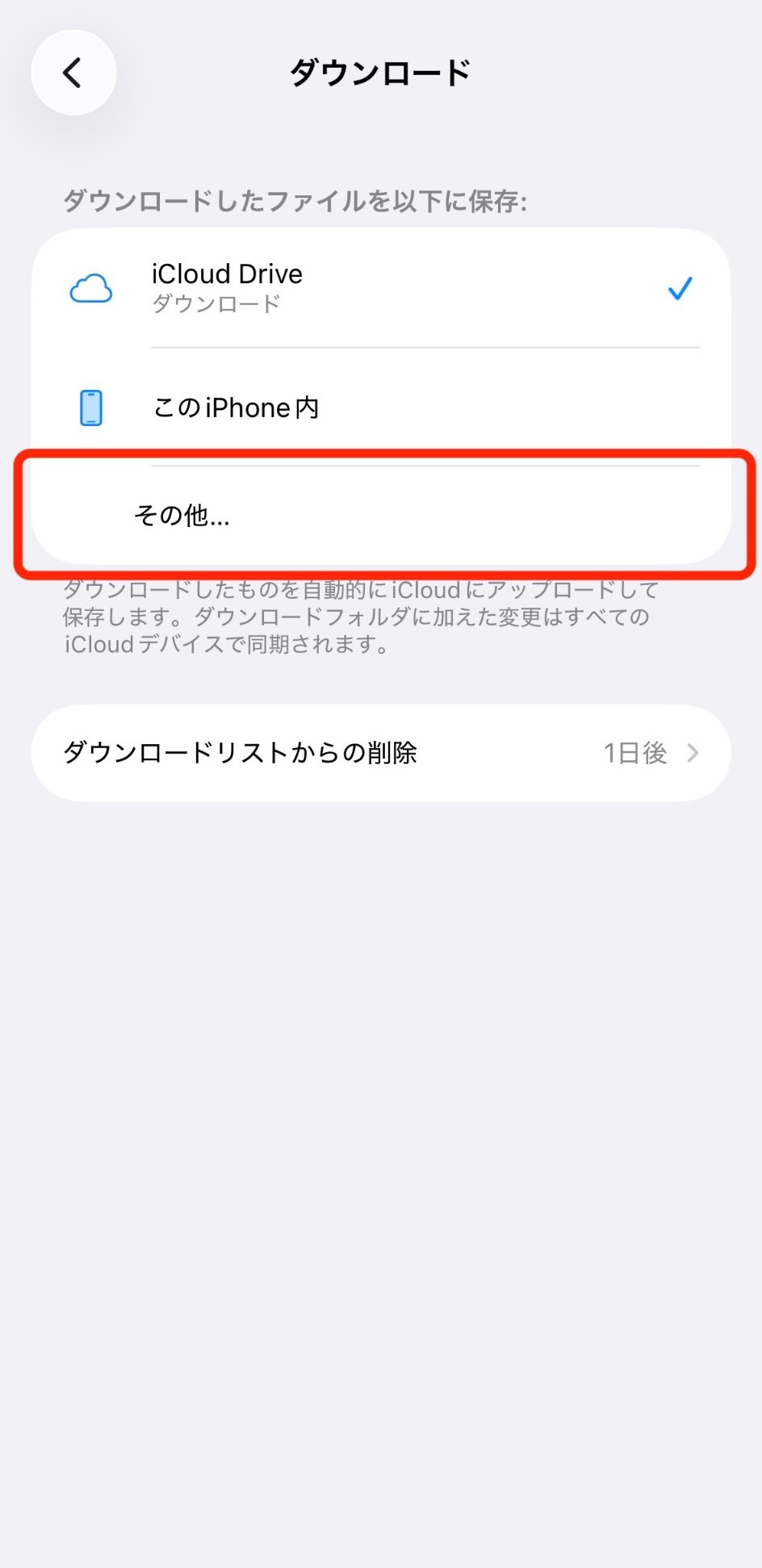 ダウンロード先でその他を選ぶサンプル画面
